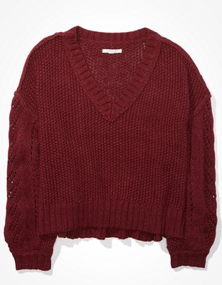 AE Cropped Pointelle V-Neck Sweater