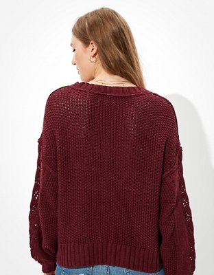 AE Cropped Pointelle V-Neck Sweater