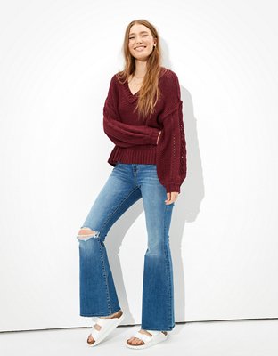AE Cropped Pointelle V-Neck Sweater