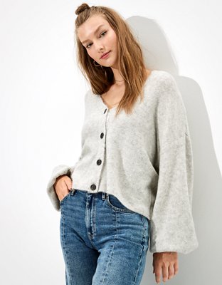 AE Cropped Balloon Sleeve Button-Up Cardigan
