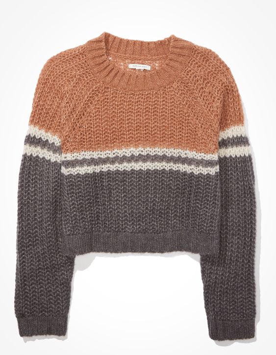 AE Cropped Color-Block Crew Neck Sweater