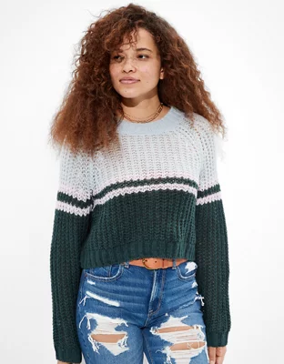 AE Cropped Color-Block Crew Neck Sweater