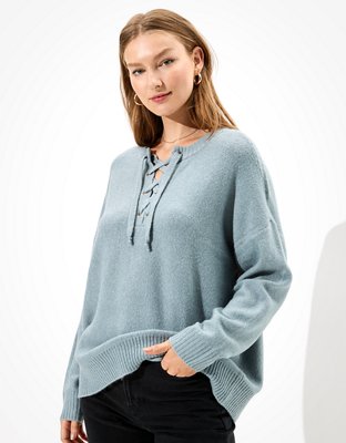 AE Oversized Lace Up Crew Neck Sweater | American Eagle