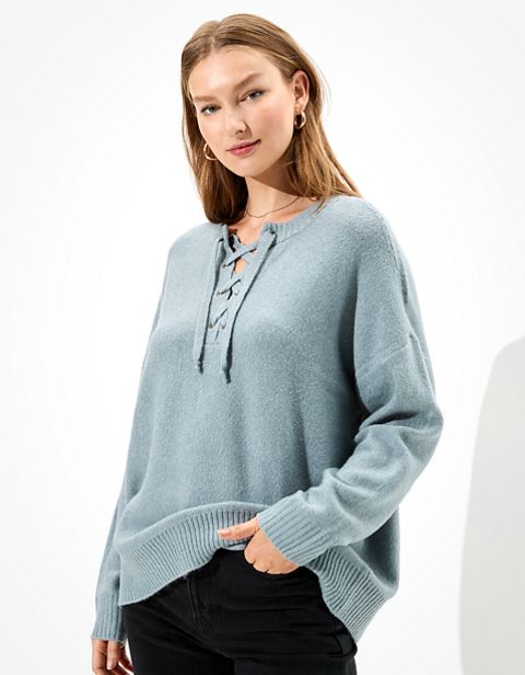 Женские свитеры American Eagle AE Oversized Lace Up Crew Neck Sweater