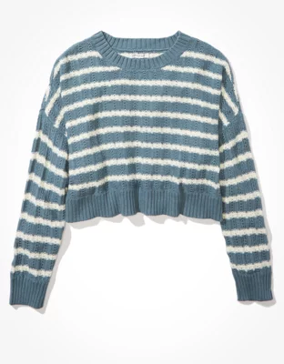 AE Striped Cropped Crew Neck Sweater