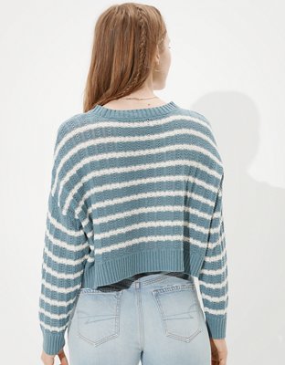 AE Striped Cropped Crew Neck Sweater