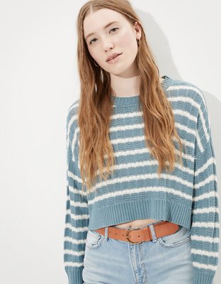 AE Striped Cropped Crew Neck Sweater