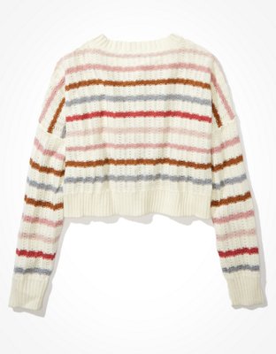 AE Striped Cropped Crew Neck Sweater