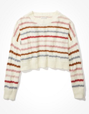 AE Striped Cropped Crew Neck Sweater