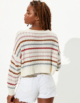 AE Striped Cropped Crew Neck Sweater