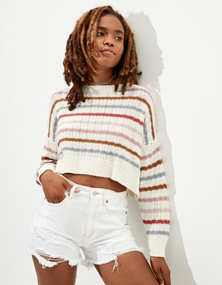 AE Striped Cropped Crew Neck Sweater