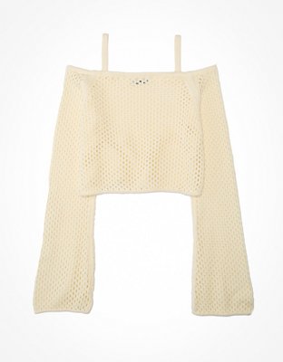 AE Cropped Open-Stitch Off-the-Shoulder Sweater
