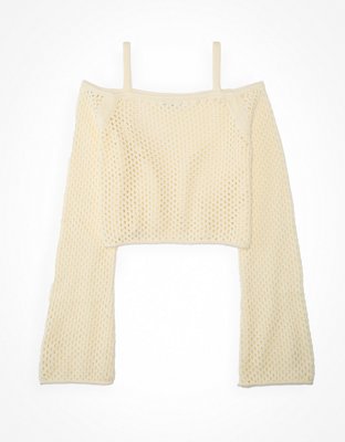 AE Cropped Open-Stitch Off-the-Shoulder Sweater