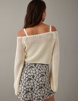 AE Cropped Open-Stitch Off-the-Shoulder Sweater