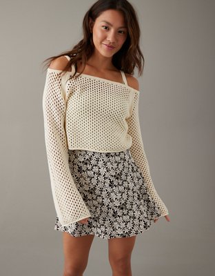 AE Cropped Open-Stitch Off-the-Shoulder Sweater