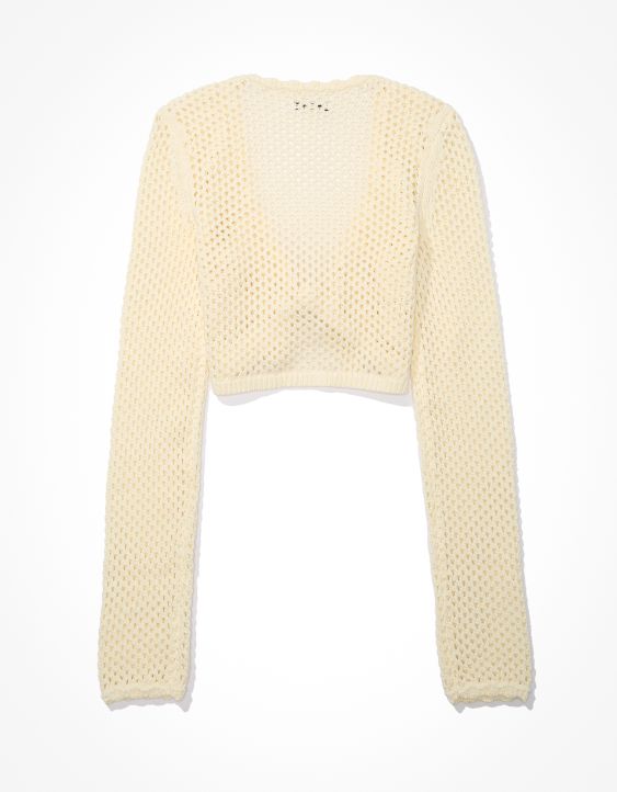 AE Cropped Tie-Front Open-Stitch Sweater