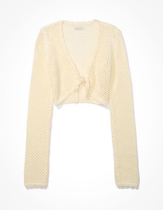 AE Cropped Tie-Front Open-Stitch Sweater