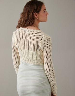 AE Cropped Tie-Front Open-Stitch Sweater