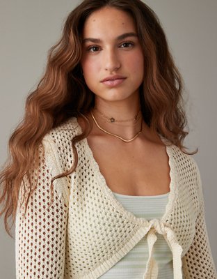 AE Cropped Tie-Front Open-Stitch Sweater