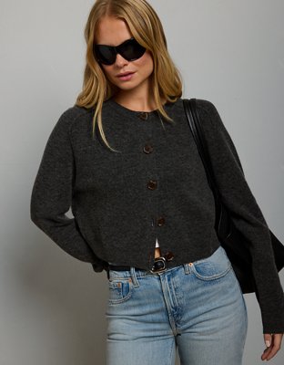AE77 Cashmere-Blend Button-Up Cardigan Sweater