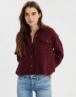 AE Plaid Cropped Button Up Shirt