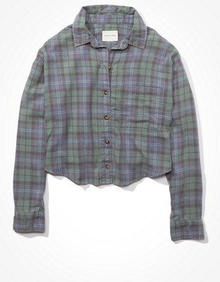 Image of AE Cropped Plaid Flannel Shirt Women's Blue S