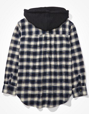 AE Plaid Flannel Hooded Button-Up Shirt