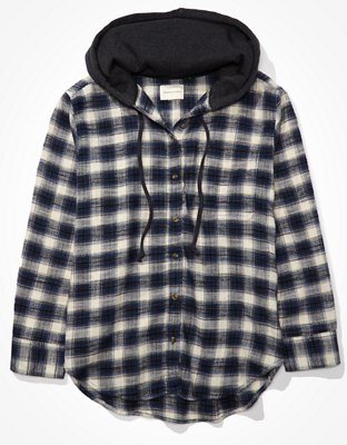 AE Plaid Flannel Hooded Button-Up Shirt