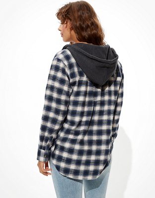AE Plaid Flannel Hooded Button-Up Shirt
