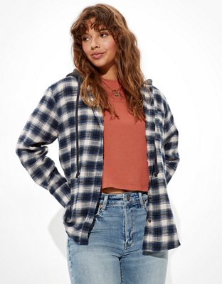 AE Plaid Flannel Hooded Button Up Shirt