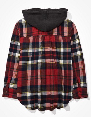 AE Plaid Flannel Hooded Button-Up Shirt