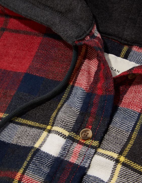 AE Plaid Flannel Hooded Button-Up Shirt