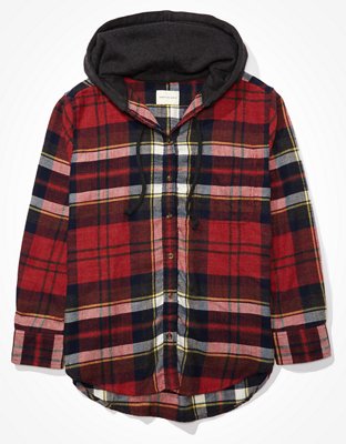 AE Plaid Flannel Hooded Button-Up Shirt
