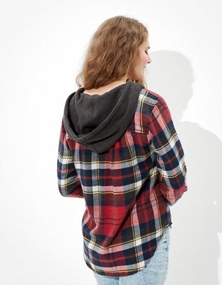 AE Plaid Flannel Hooded Button-Up Shirt