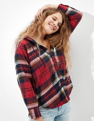 AE Plaid Flannel Hooded Button-Up Shirt