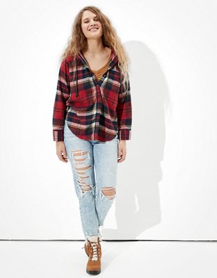 AE Plaid Flannel Hooded Button-Up Shirt