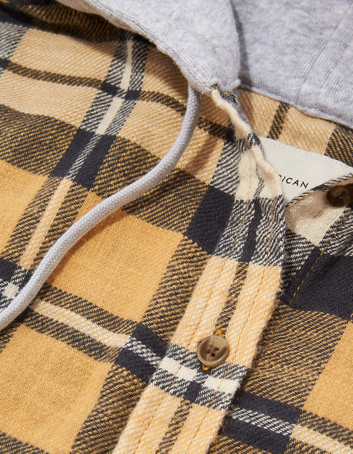 AE Plaid Flannel Hooded Button Up Shirt