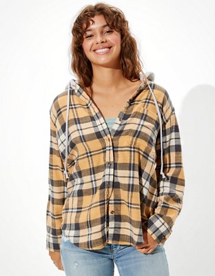 AE Plaid Flannel Hooded Button-Up Shirt