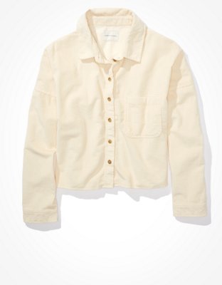 Image of AE Corduroy Cropped Button Up Shirt Women's Cream XXS