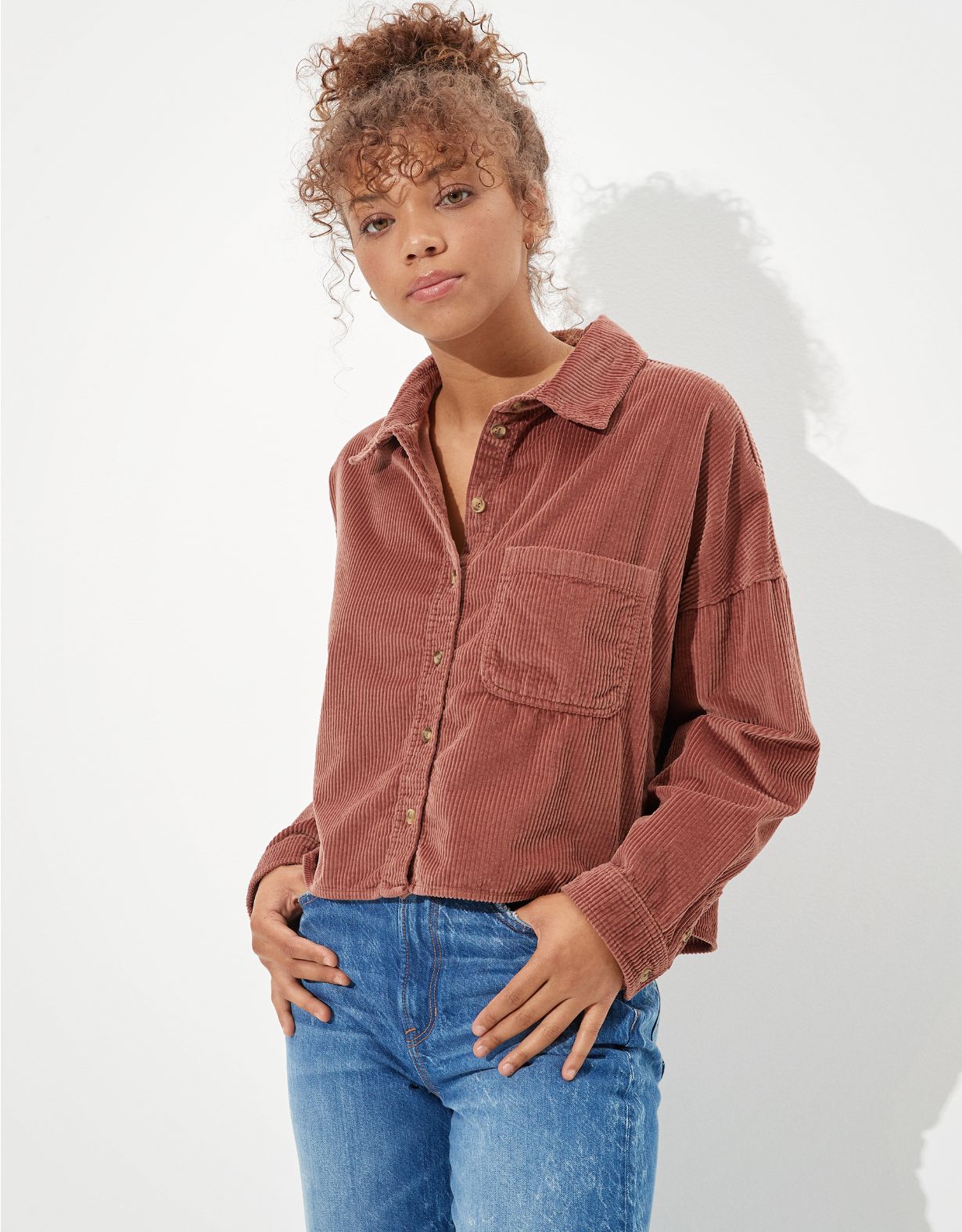 AE Corduroy Cropped Button Up Shirt