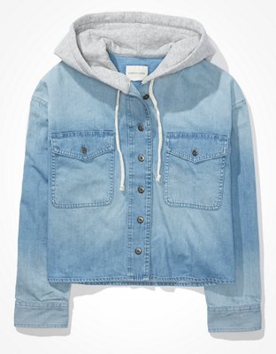 AE Cropped Denim Hooded Shirt Jacket