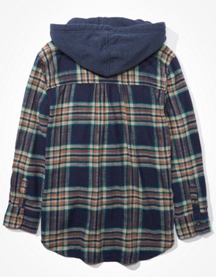 AE Plaid Flannel Hooded Button Up Shirt