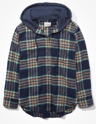 AE Plaid Flannel Hooded Button Up Shirt
