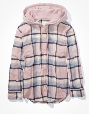 AE Plaid Flannel Hooded Button-Up Shirt