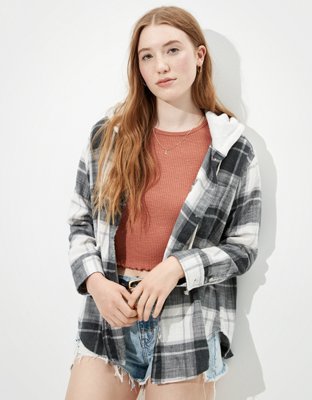 AE Plaid Flannel Hooded Button Up Shirt