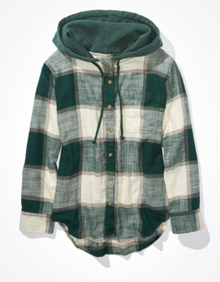 AE Plaid Flannel Hooded Button-Up Shirt