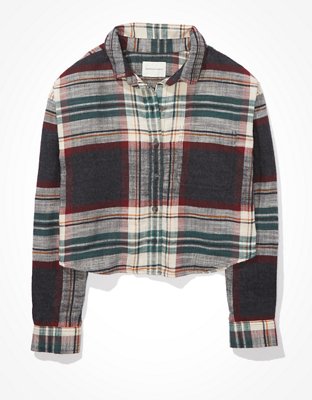 Image of AE Cropped Plaid Flannel Shirt Women's Gray XS