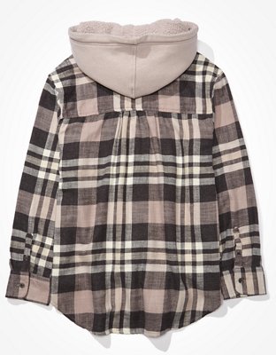 AE Plaid Flannel Hooded Button-Up Shirt