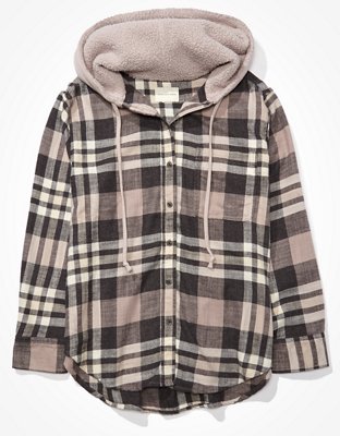 AE Plaid Flannel Hooded Button-Up Shirt