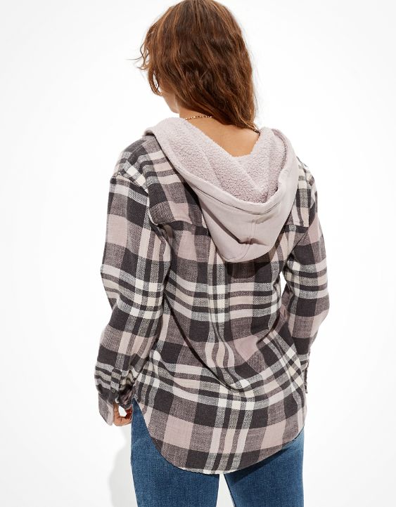 AE Plaid Flannel Hooded Button-Up Shirt